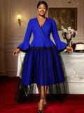 AM050745 Spring V Neck Flare Sleeve Contrast Color Daily Wear Patchwork Mesh a Line Outgoing Dress