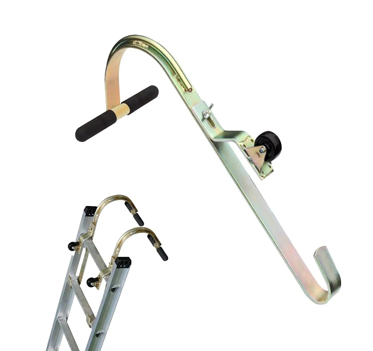 2 Pack Q235 Steel Ladder Roof Hooks Heavy Duty Stabilizers with Wheels Rubber Grips T Bars Industrial Design Prevent Roof Damage