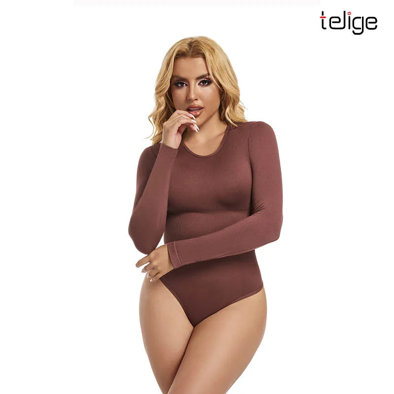 Wholesale Hot-Selling Cross-Border Seamless Waist-Slimming Round-Neck Long-Sleeve Thong Bodysuit