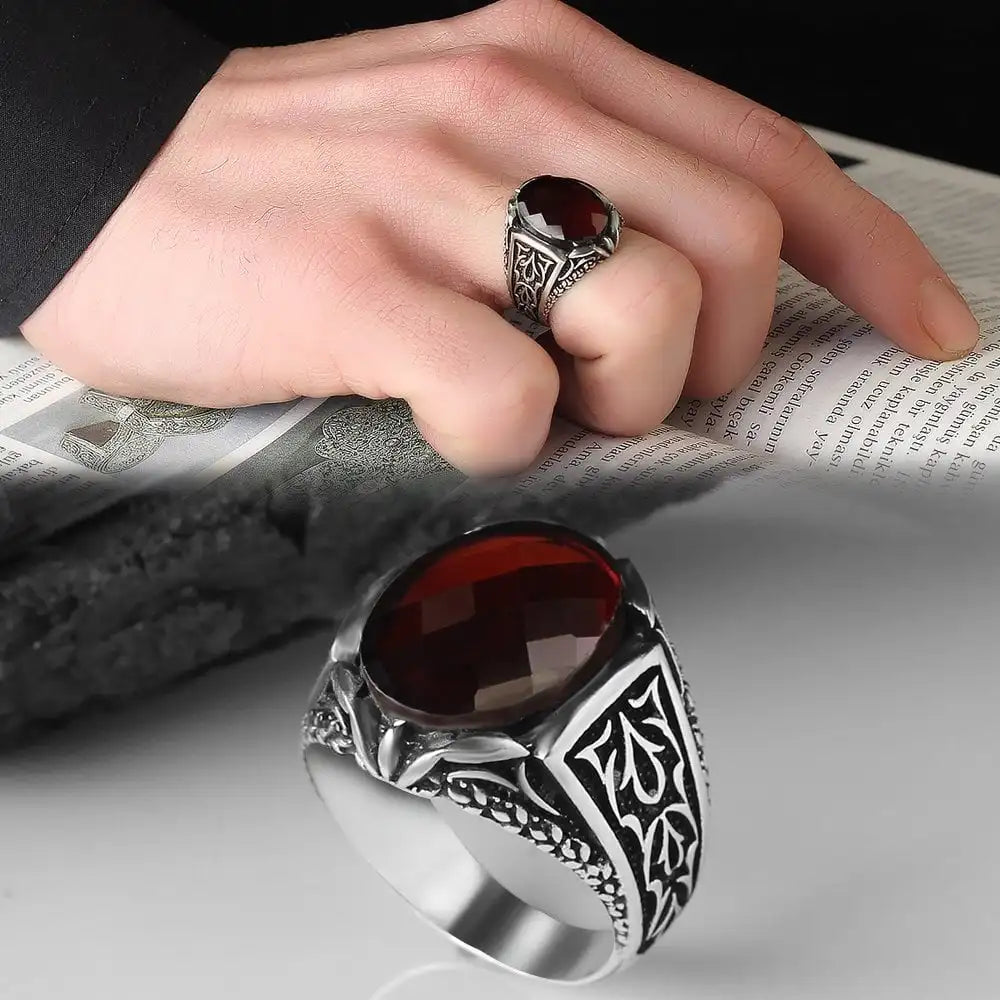 Wholesale Azuris 925 Sterling Silver Ottoman Men's Ring with Naturel Stone Agate Handmade in Turkey VALKH1144