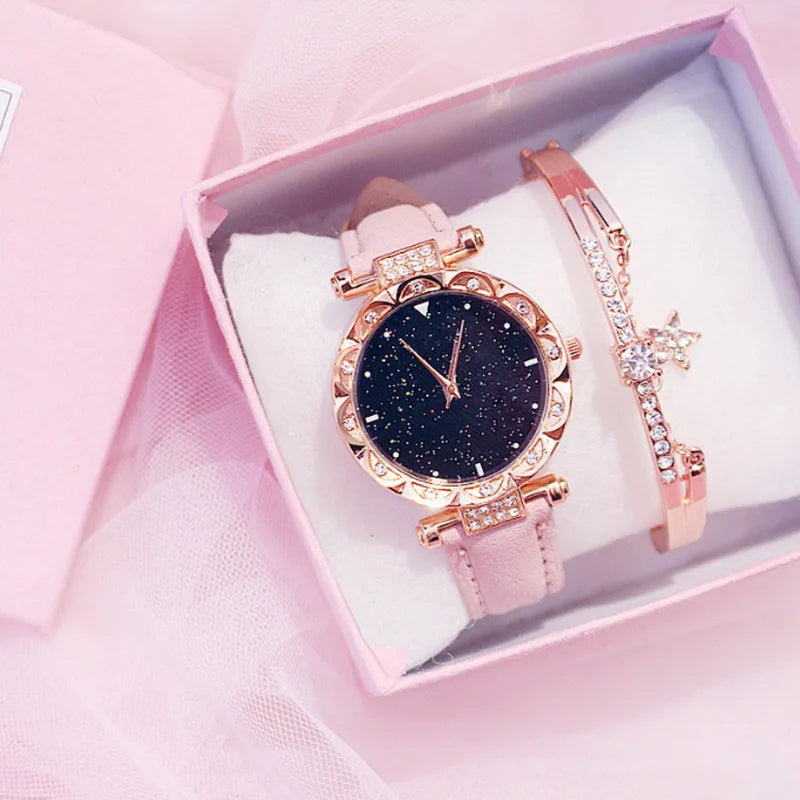 Fenyi Wholesale Girls Women Leather Alloy Diamond Modern Fashion Ins Casual Business Gift Bracelet Quartz Watch Set Ladies