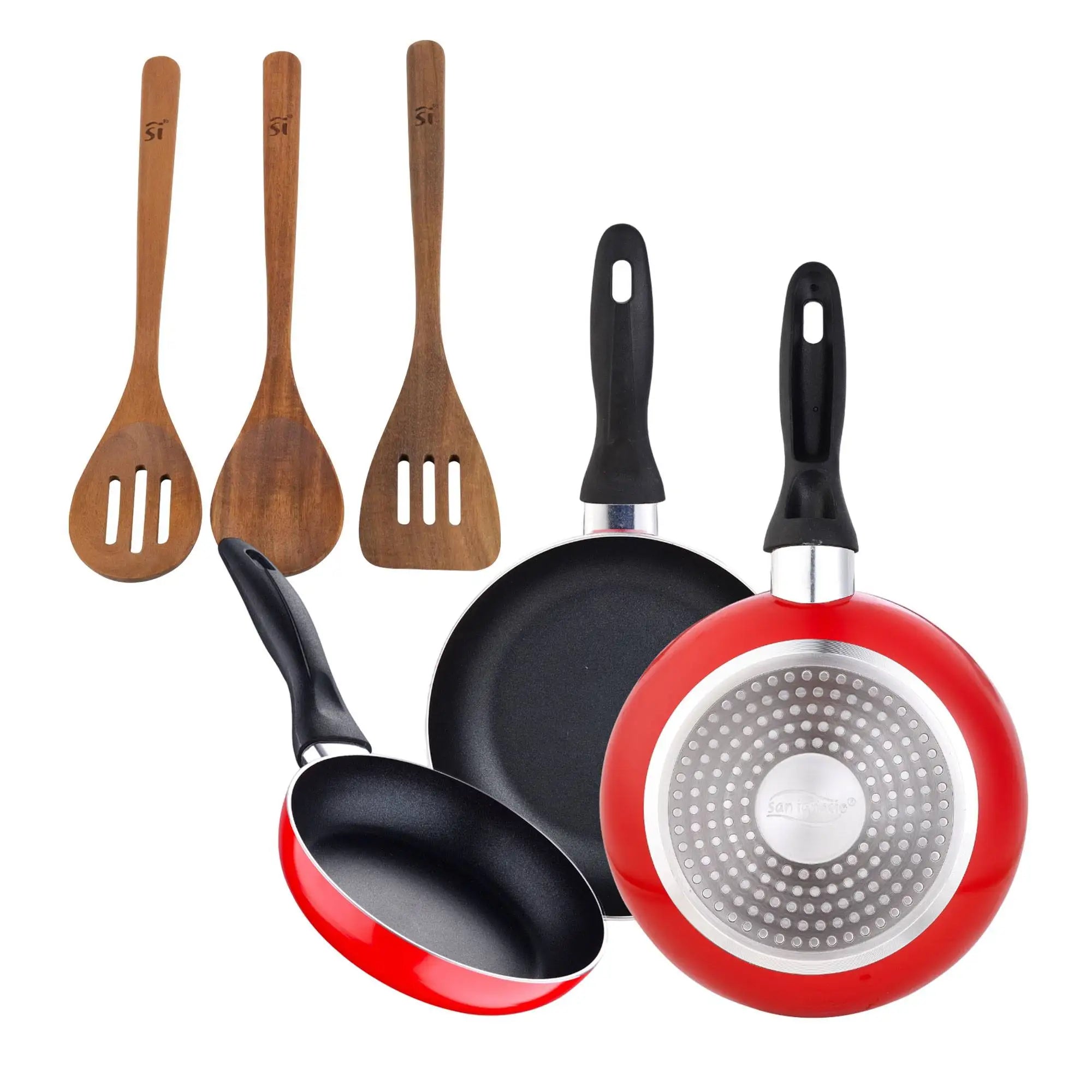 San Ignacio 3-piece frying pan set 16/20/24 cm + 3-piece acacia wood kitchen utensil set