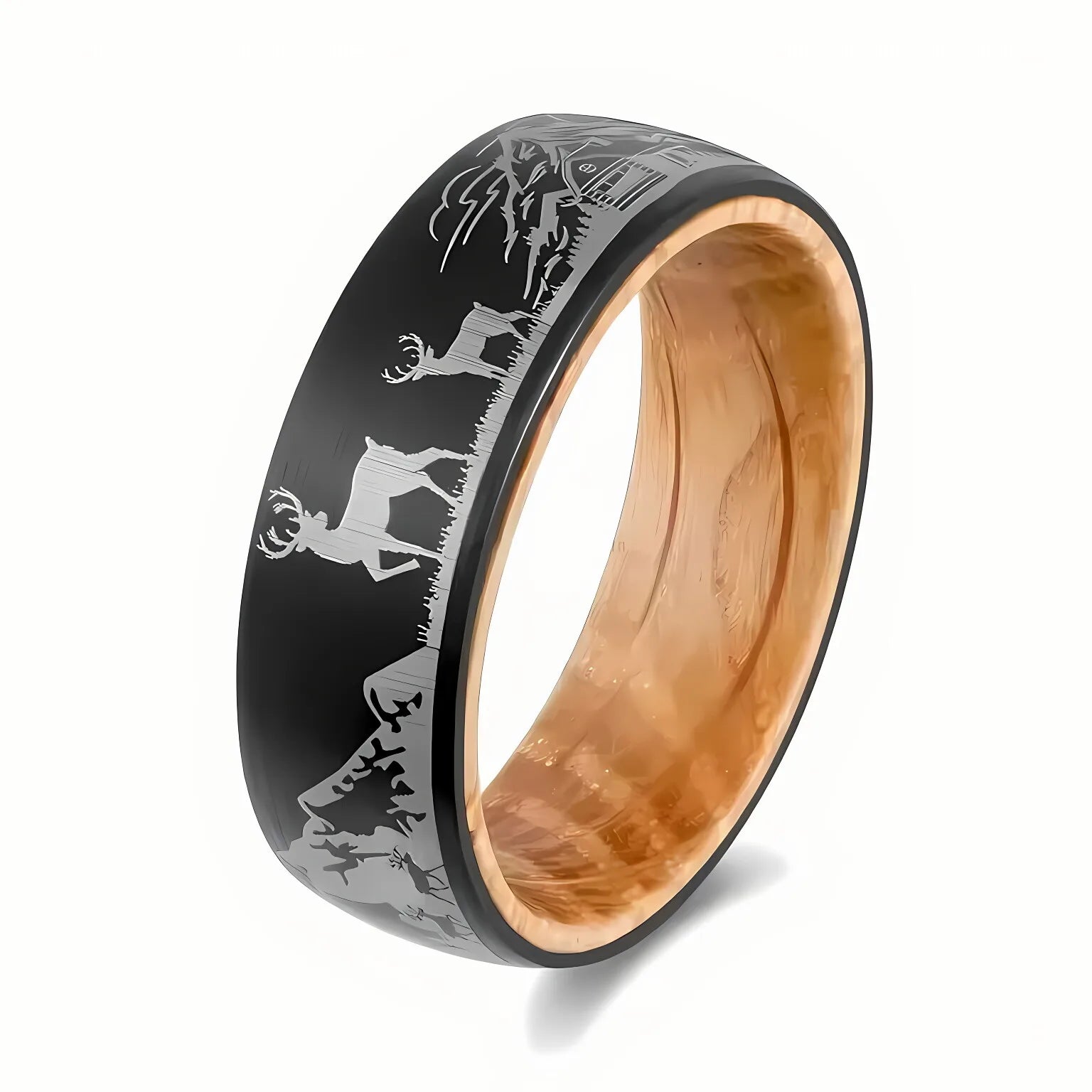 POYA Men's 8mm Black Tungsten Ring Whiskey Barrel Wood Liner with Laser Two Deer Classic Style Wedding Engagement Gift Jewelry