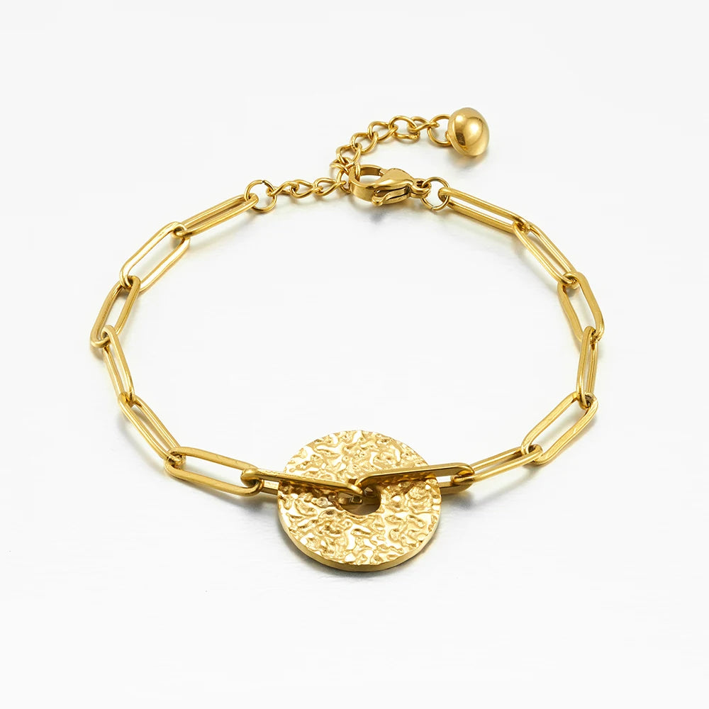 Latest 18K Gold Plated  Stainless Steel Jewelry Paper Clip Chain Wrinkled Compass Charm Bracelet for Women Bracelet B242484