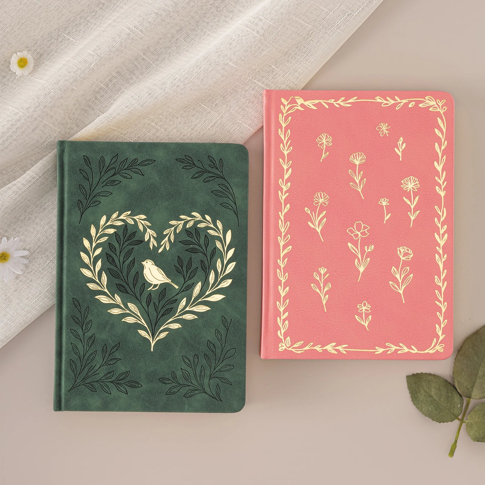 LABON Floral PU Leather Notebook with Gold Foil Debossed Cover Botanical Leaf Bird Design Hardcover Journals for Writing Gift