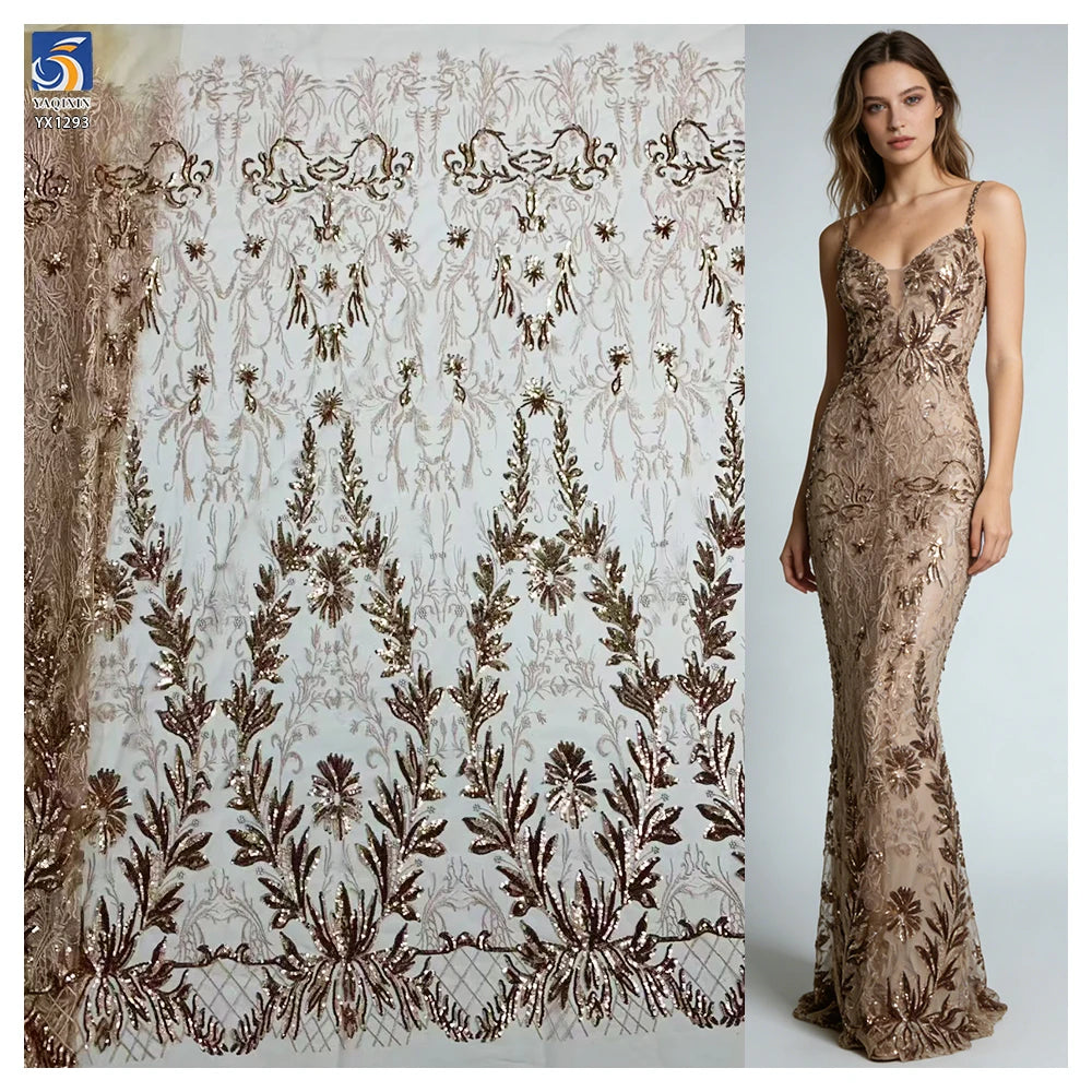 YX1293 Luxury and Expensive Champagne Lace Sequin Fabric High-End Party Dress Glitter Sequin Tulle Lace Fabric for Lady MegaBDM