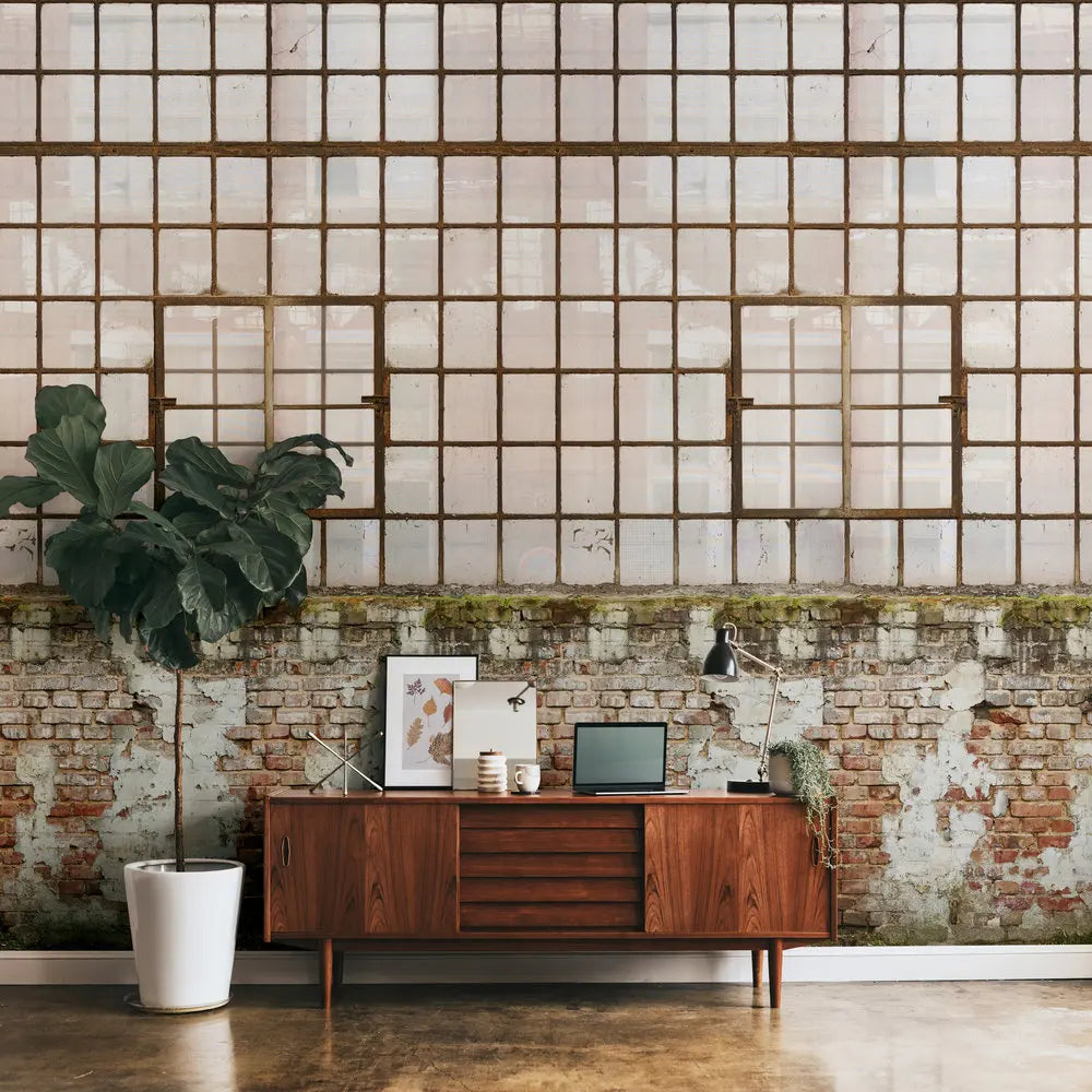 Made in Germany Photo Wallpaper Murals Factory Building Cream Brown Non Woven Vinyl Wall Mural Window for Hotel - 280 x 159 m