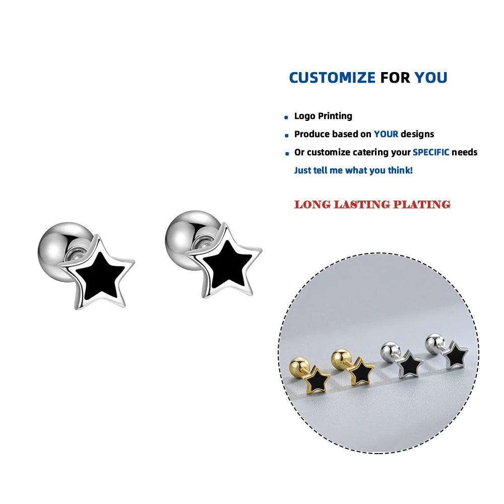 LE118 925 Sterling Silver Fashion Simple Black Star Beads Small Stud Earrings for Women Teen Piercing Jewelry