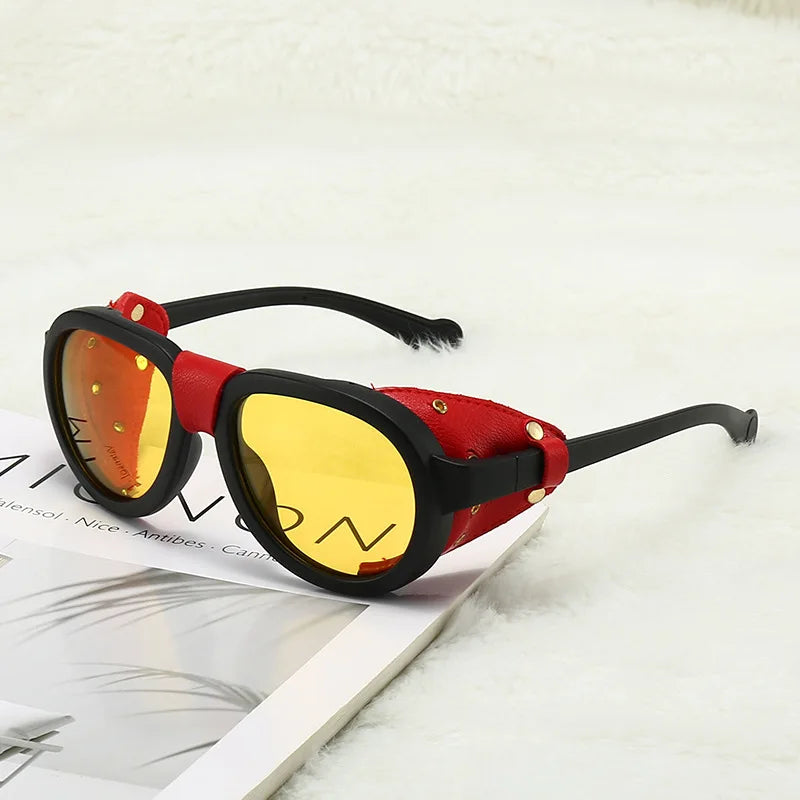 2025 Vintage Men Women Rivet Button PU Leather Frame Punk Driving Sun Glasses UV400 Polarized Night Vision Steampunk Sunglasses