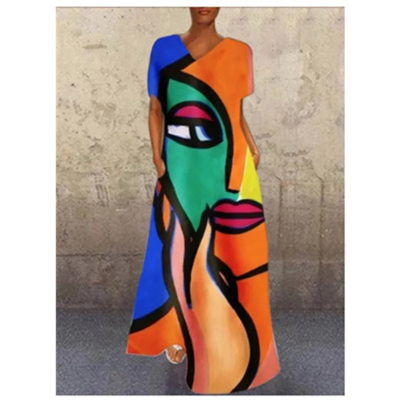 2025 Cross-Border New Woven Natural Waist Vintage Portrait Cat Printed V-Neck Four-Way Stretch Maxi Dress