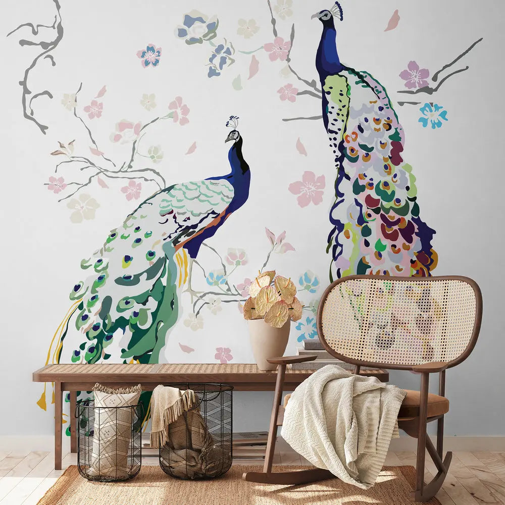 Germany Made Photo Wall Mural Bird White Blue Green Non Woven Vinyl Floral Bedroom Dining Sound-Absorbing Removable 1.59x2.80m