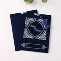 Custom 5*7 Inches Paper Invitation With Logo Handmade Tassel Navy Blue Velvet Pocket White Foil Luxury Wedding Invitation Sets