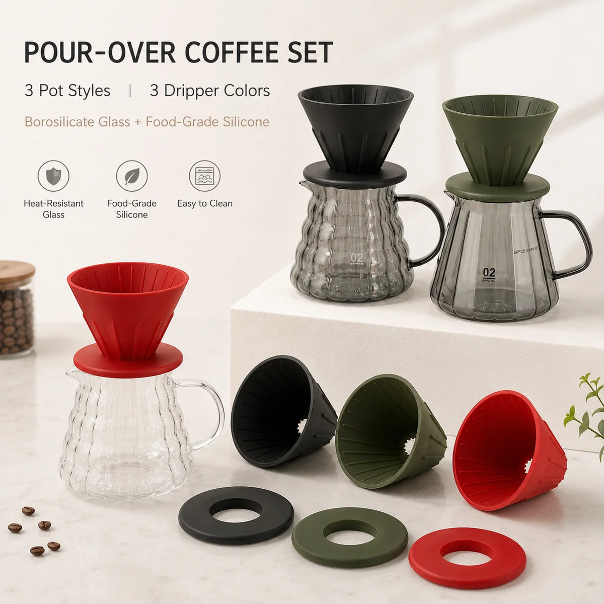 600ml Borosilicate Glass Coffee Server Set with Silicone Pour Over Dripper Detachable Tray for Home Cafe Use MegaBDM