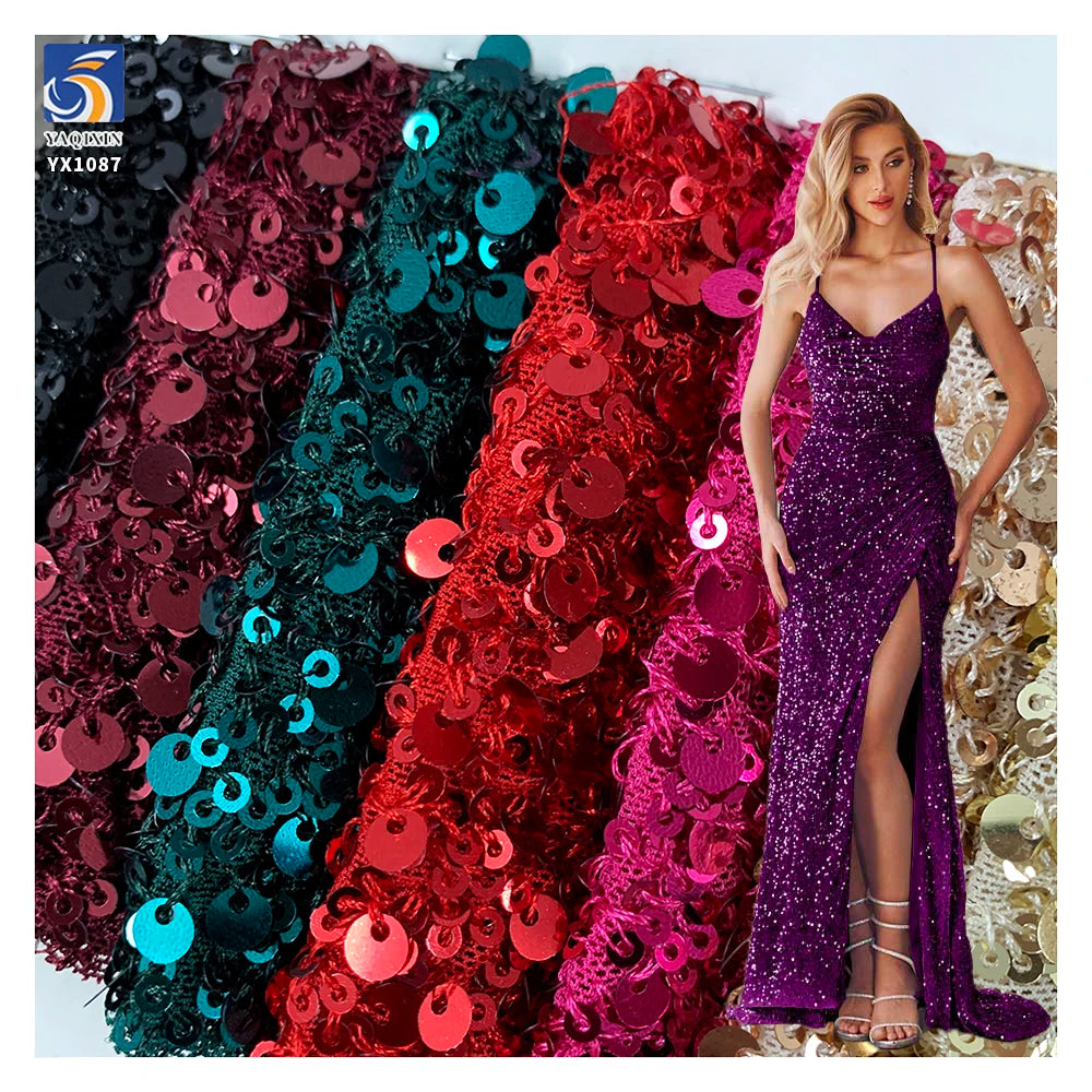 YX1087 300gsm Spandex Stretch Mesh Fabric With 3MM+5MM Sequins Embroidery Heavyweight Sparkle Sequin Fabric for Party Dress