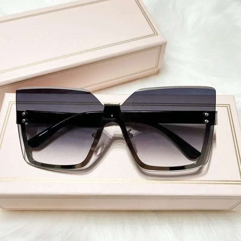 Newest Fashion Custom Shades Sunglasses Women Uv400 Gafas De Sol Retro Frameless Metal Oversized Half Frame Sunglasses