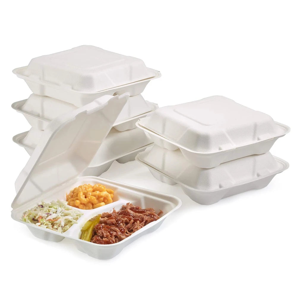 Biodegradable Disposable Clamshell 8"X8" To-Go Containers Disposable Take Out Bagasse Clamshell Food Containers