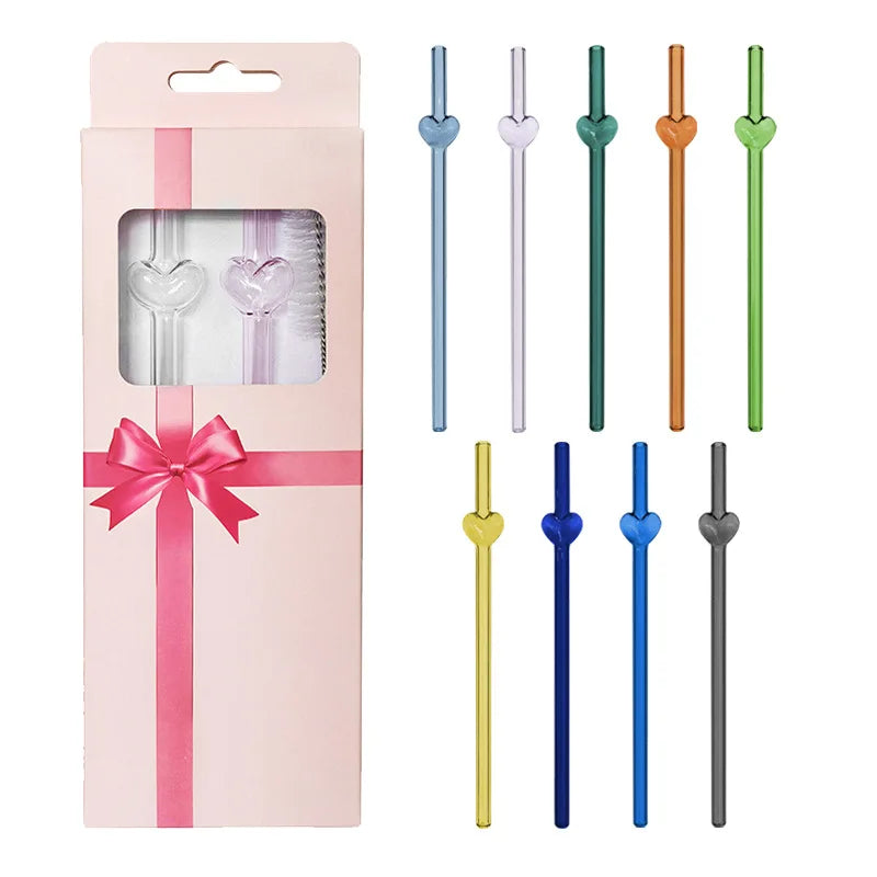 Wholesale Reusable Heart Shape Colored Glass Straw for Drinking Glass