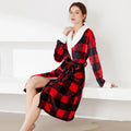 Women Thickened Flannel Robe Checked White Collar Bathrobe Fashionable Clashing Design Pajamas