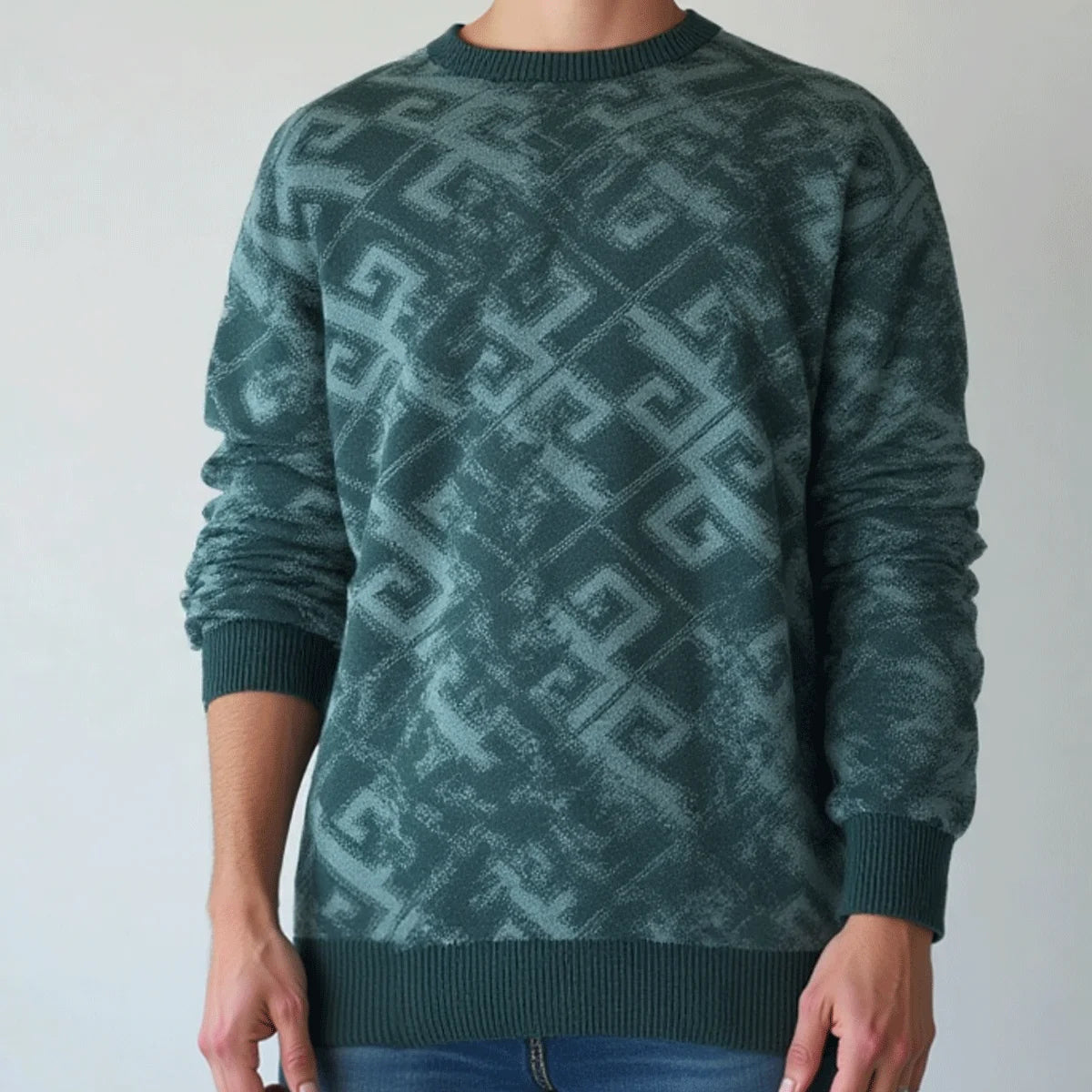 Graphic Print Green Knit Sweater Oversized Round Neck Design