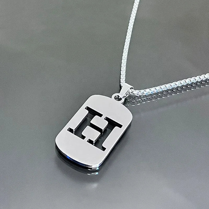 Vintage Titanium Steel Cutout 26 Letter Necklace Silver Geometric Square Pendant Necklace for Women Men Party Jewelry Gift