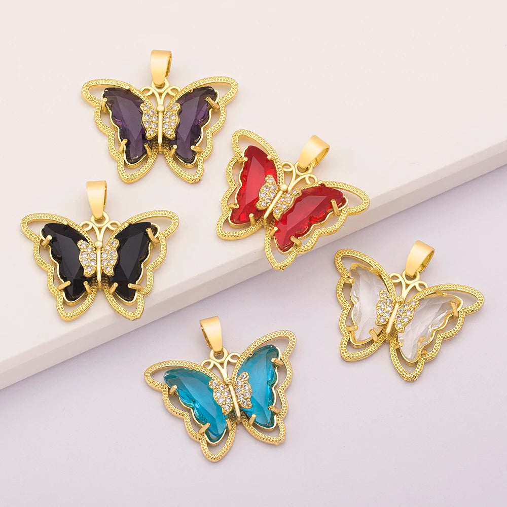 QIKU Trendy Wholesale Copper 9 Colors Butterfly Necklace Pendant Crystal Animal Charms 18K Gold Plated Jewelry Chain Making