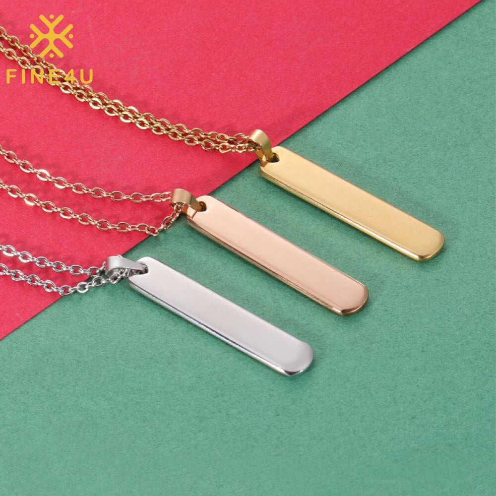 Hot Selling Fashion Jewelry Gold Plated Stainless Steel Custom Name Engraved Bar Pendant Charm Necklace Gift Couple Jewelry
