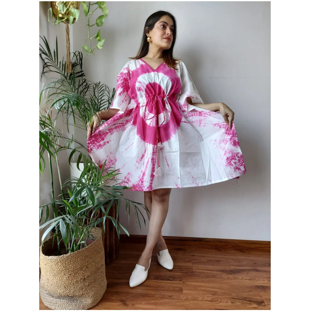 Custom Made Bohemian Cotton Tie-Dye Kaftan Mini Dress-V-Neck with Waist Tie Loose Silhouette Summer for Women Reseller Friendly