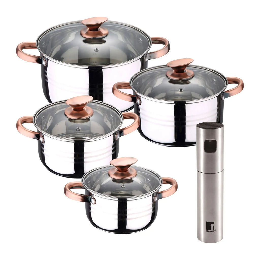 8-piece stainless steel cookware set suitable for induction cooktops San Ignacio Premium Collection + Bergner Copper Oil and