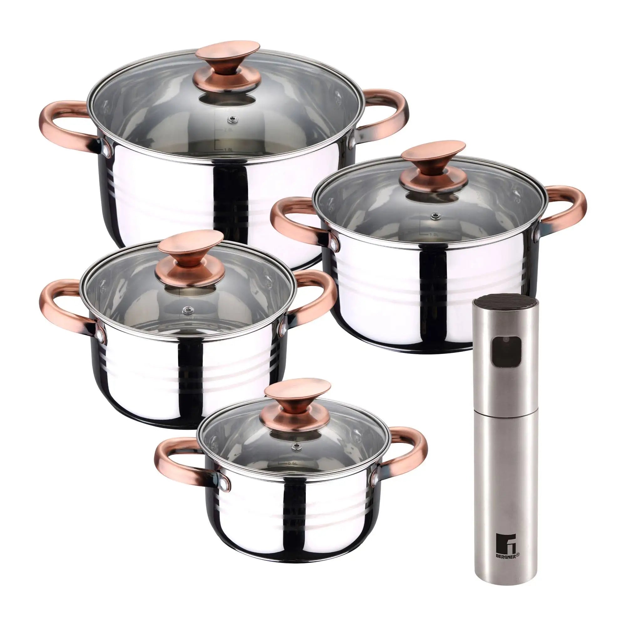 8-piece stainless steel cookware set suitable for induction cooktops San Ignacio Premium Collection + Bergner Copper Oil and