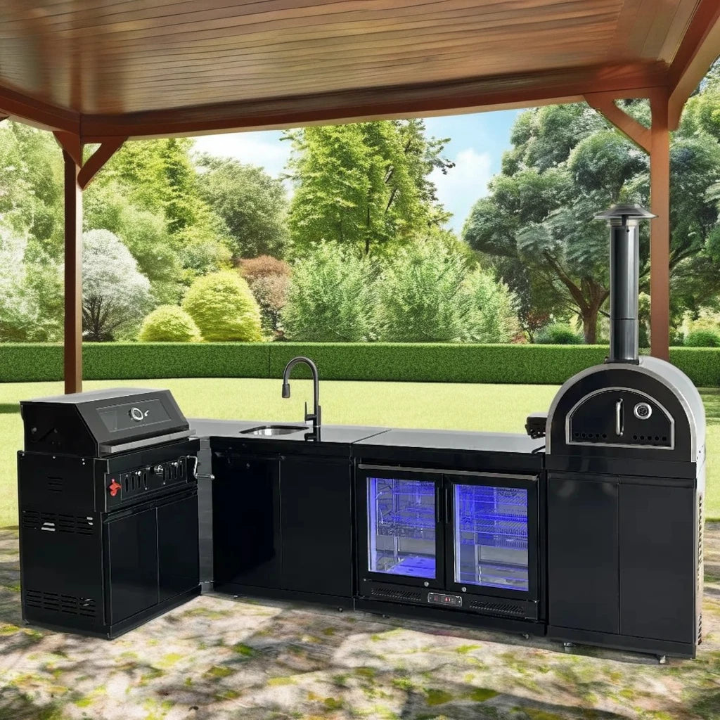 Black L-Shaped Sink Storage Cabinet for Outdoor Kitchen Fridge Charcoal Pizza Oven BBQ Grill Garden Cooking Fridge