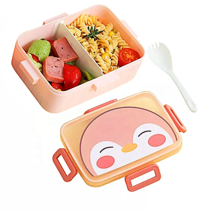 Japanese Cartoon School Lunch Box 2 Compartment Plastic Rectangle Leakproof Microwavable 600ml Capacity Portable Infant