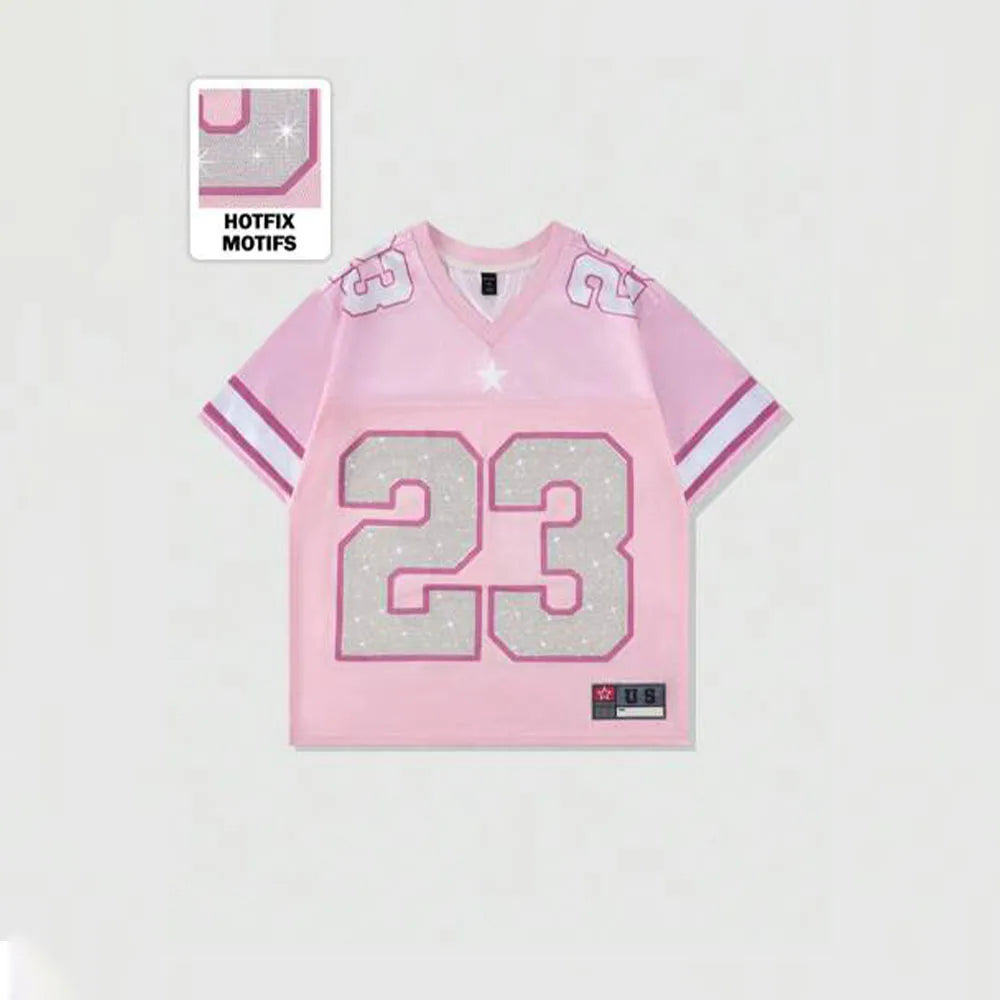 Men's Custom Silk Screen Printed American Football Soccer Jersey Long Crop T-Shirts Custom Number Rhinestone Graphic O-Neck Hip
