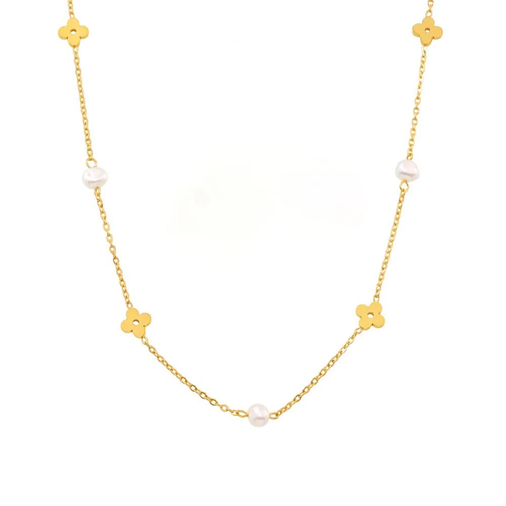 Wholesale 18K Gold Plated Freshwater Pearl Flower Link Chain Necklace Stainless Steel Bracelets Elegant Charm