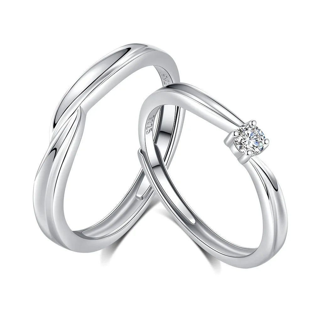 FDJZ-170 925 Sterling Silver Simple Couple Engagement Ring Adjustable Open Zircon Diamond Classic Style Rhodium for Wedding