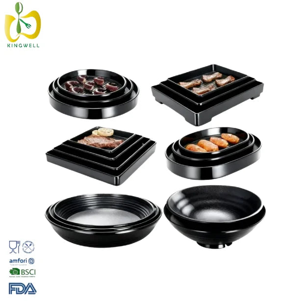 Modern Japanese Rectangle Plastic Melamine Black Restaurant Dinnerware Washable Plates Serving Slate Dessert Sushi Customized