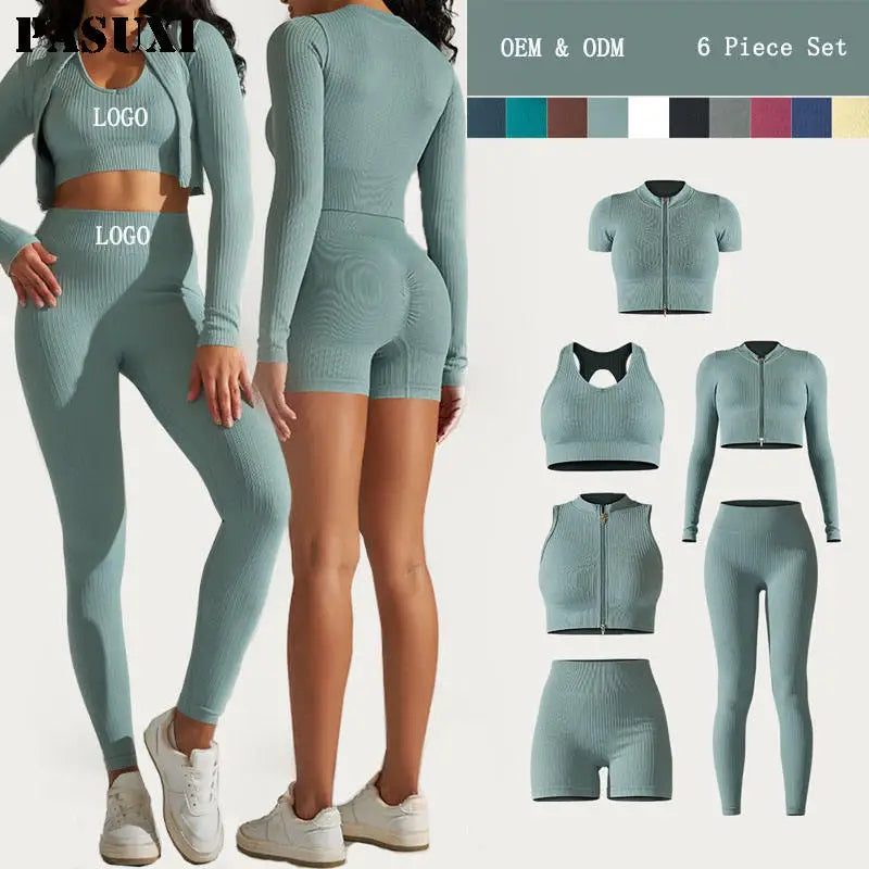 PASUXI Wholesale Women's Gym Jacket 6pcs Seamless Sportswear Set High Waist Scrunch Yoga Wear Long Sleeve Activewear Solid for