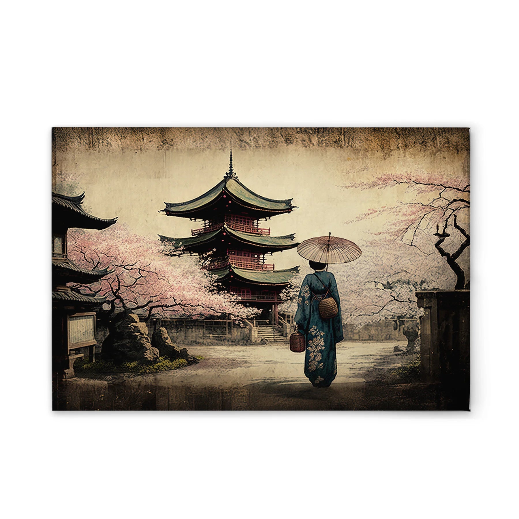 Made In Germany - Home Decor Canvas Picture Pogoda Asia Vintage - Wall Painting Mural In Beige And Blue - Stretcher Frame Art