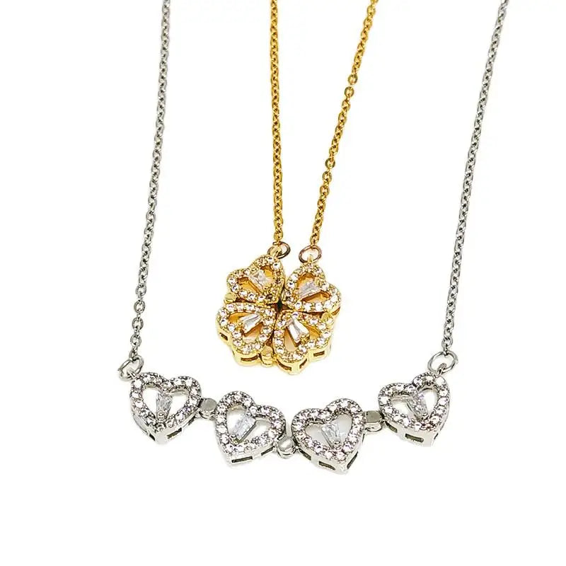 Folding Creative Stainless Steel Clavicle Chain Micro Inlaid Zircon Necklaces Magnetically Four Leaf Heart Shape Necklace