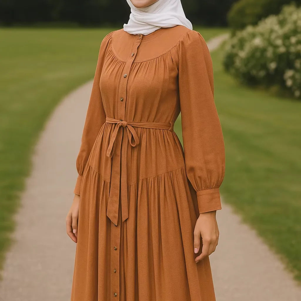YXD155 Solid-color Long Dress Wide Hem Adjustable Waist Straps Linen Texture 2026 Eid Tiktok Ig Customizable Wholesale