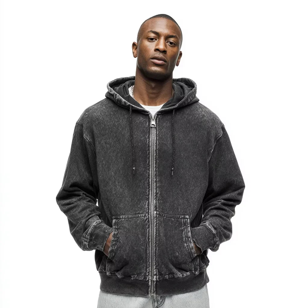 Customize Embroidered Zip up Hoodie Manufacturer Heavy Weight 100% Cotton Winter Black Acid Wash