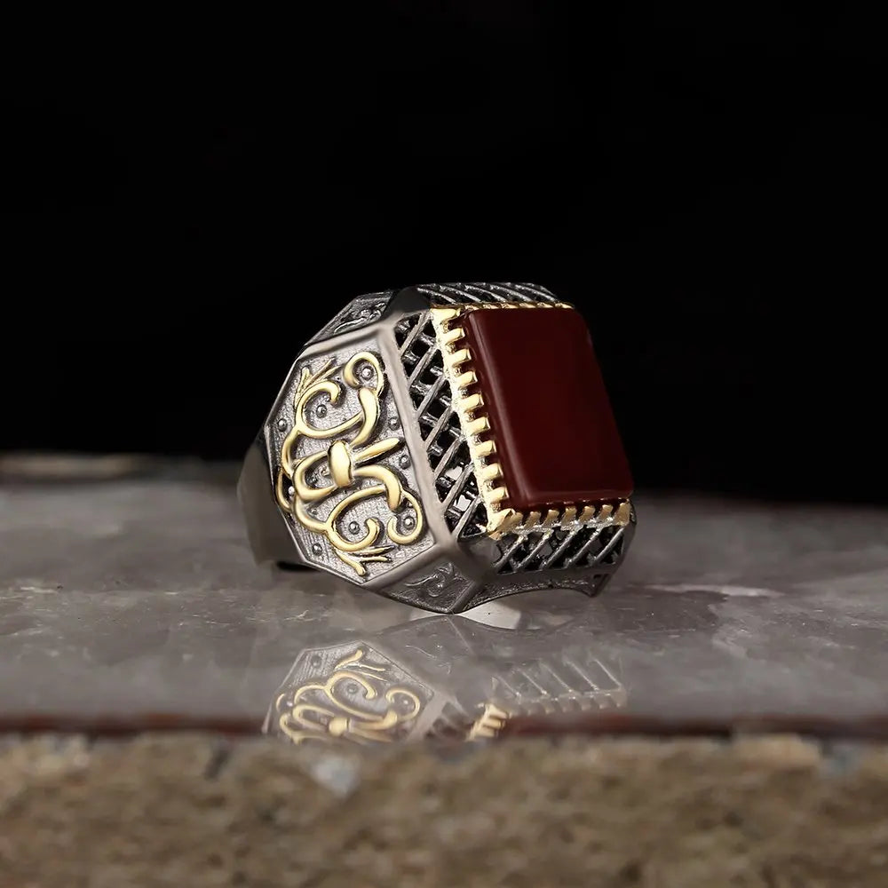 New Arrival 925 Sterling Silver Ottoman Style Men's Ring Rhodium Gold Bi-color Finish RCEGYT-093 Made in Turkey