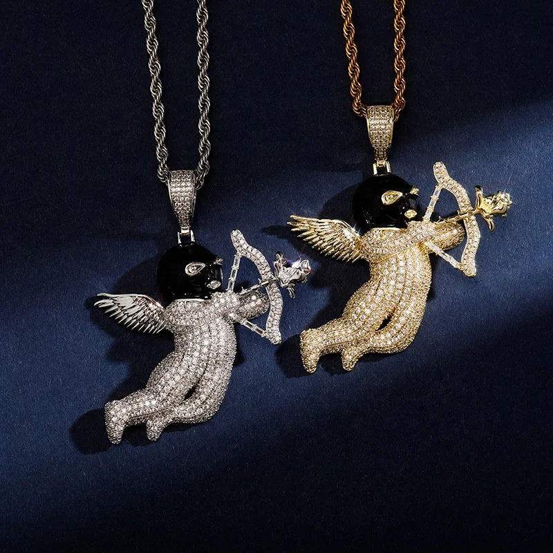 New Bow Arrow Shape Design Pendant Necklace Iced Out Cubic Zirconia Goddess of Angel Love Charm Men Women Hip Hop Rapper Jewelry