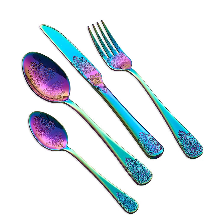 Royal Vintage Design Stainless Steel Knife Fork Spoon Rainbow Color Flatware Reusable Cutlery Set
