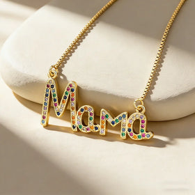 QIKU Fashion Letter Mama Colorful Crystal Pendant Women Necklace Copper Zircon Jewelry Accessories Mother's Day Gift Wholesale