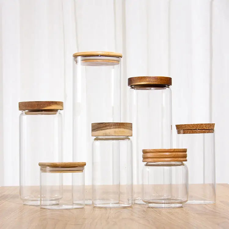 In Stock Glass Spice Jar 700 1000ml Kitchen Household Storage Jar with Bamboo Lid 34oz Cylindrical Shaker Bottle with Bamboo Lid
