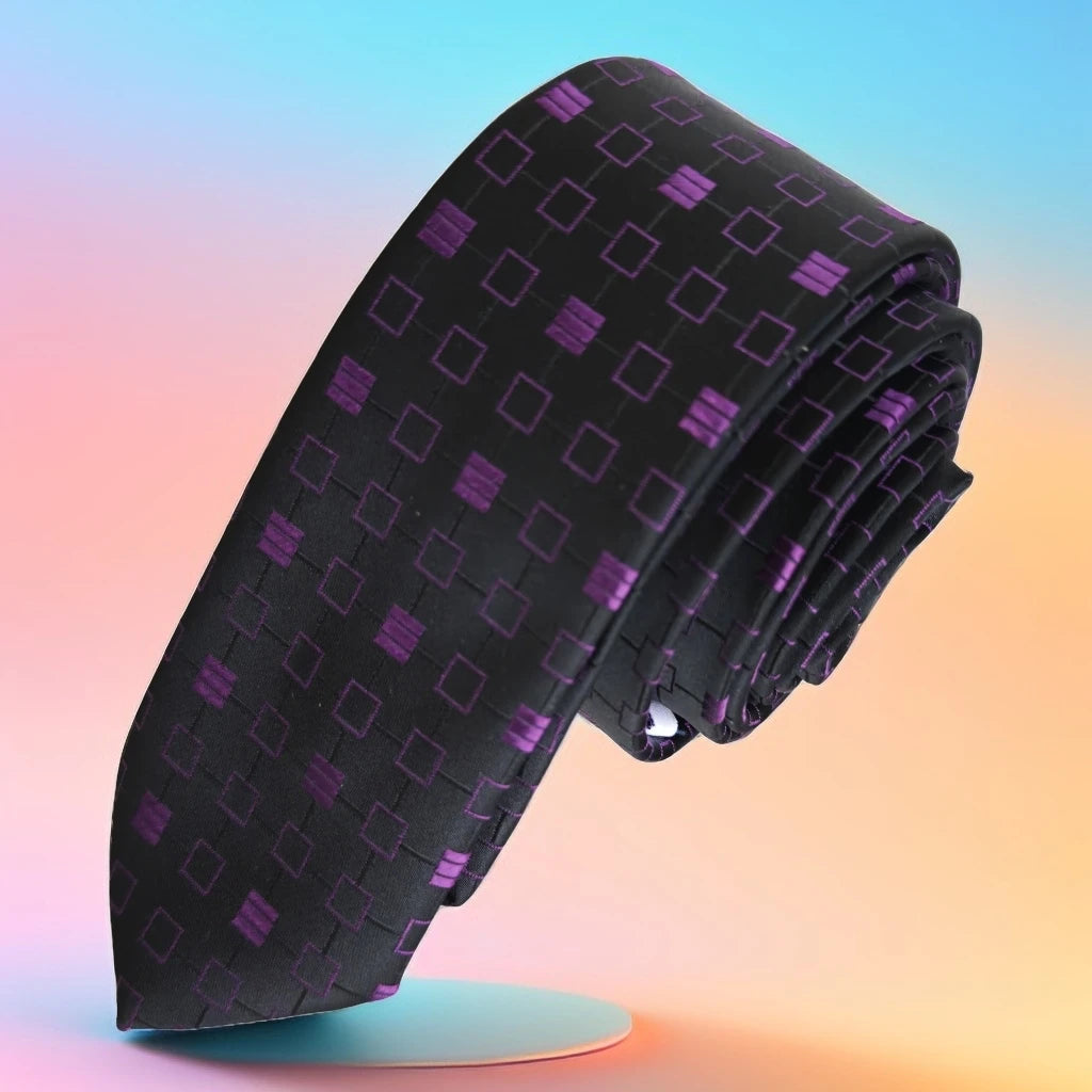 Purple Plaid Geometric Black Jacquard Woven Slim Fashion Tie Tie