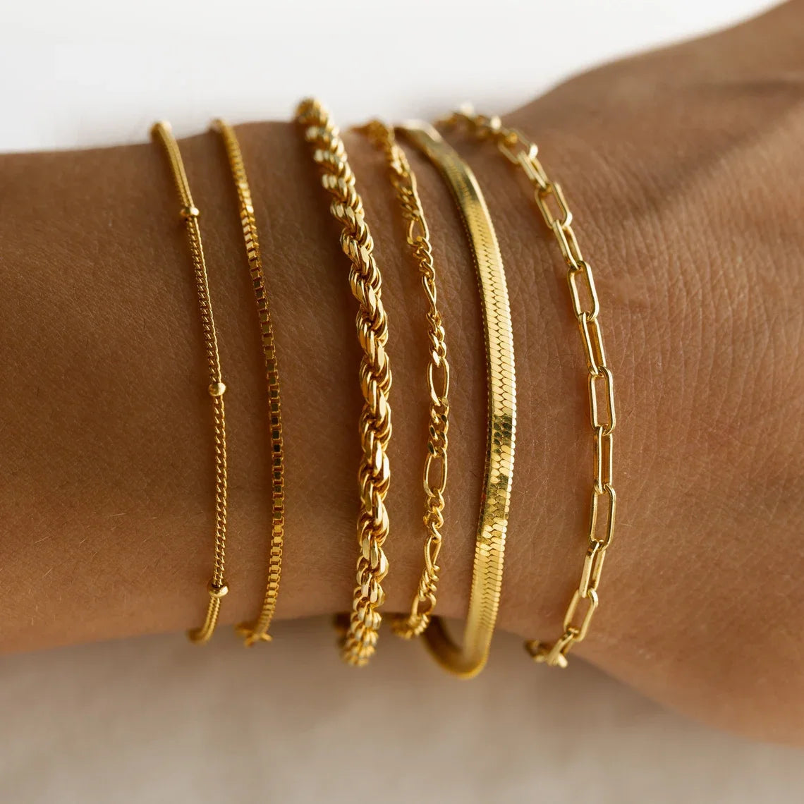 Fine Brass Jewelry Gold Plated Six-layer Chain Link Bracelet Set Paperclip + Snake + Twist Chain Gold Beaded Bracelet MegaBDM