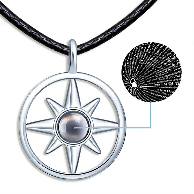 Hollow Loop Eight Awn Star I Love You 100 Languages Projection Pendant Necklace Pure 925 Silver