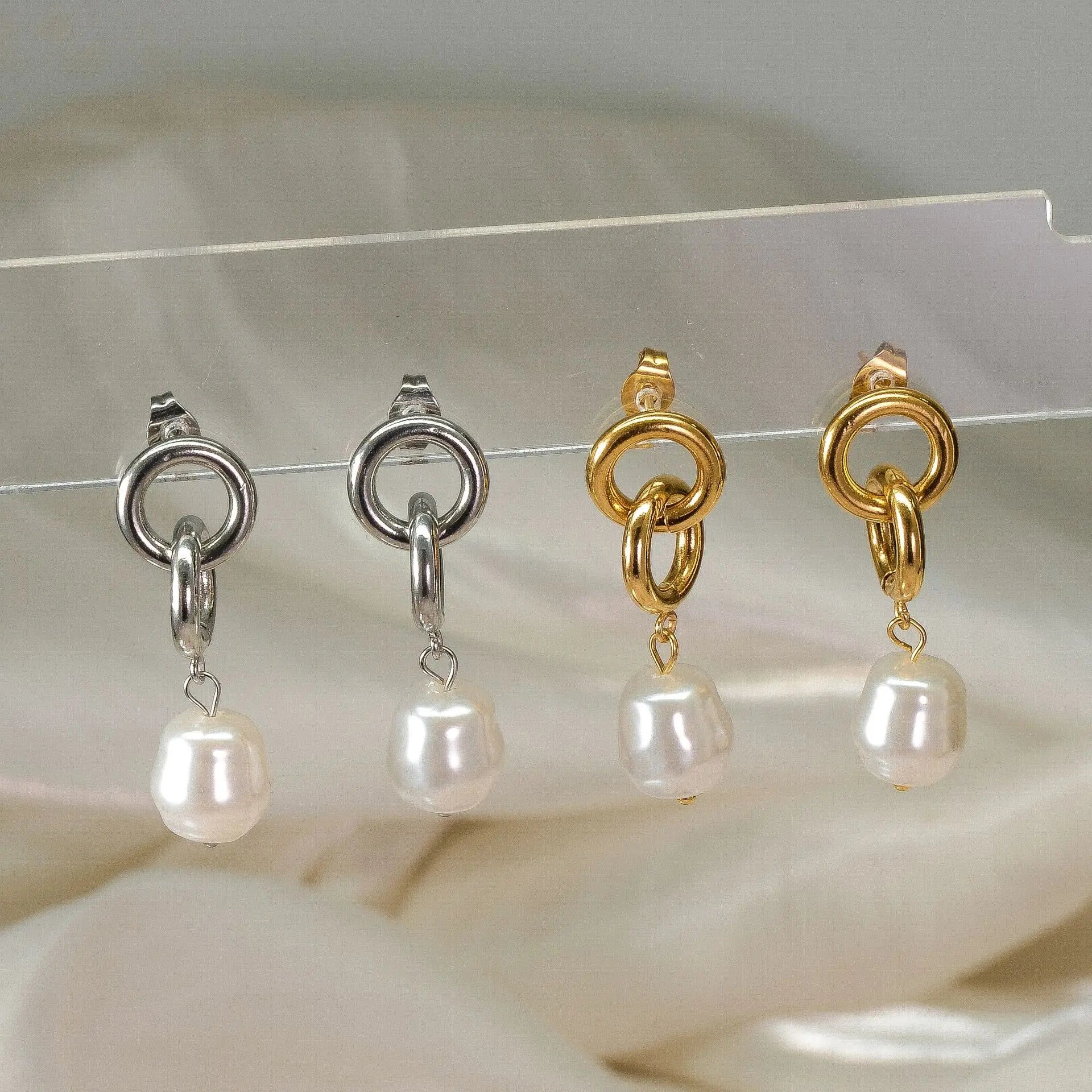 Tarnish Free Women Fashion Jewelry Stainless Steel Pearl Dangle Earrings