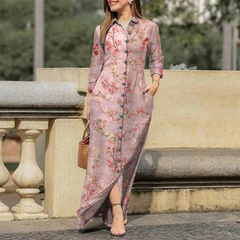2025 New Women's Casual Positioning Printed Pocket Lapel Button-Down Long Dress